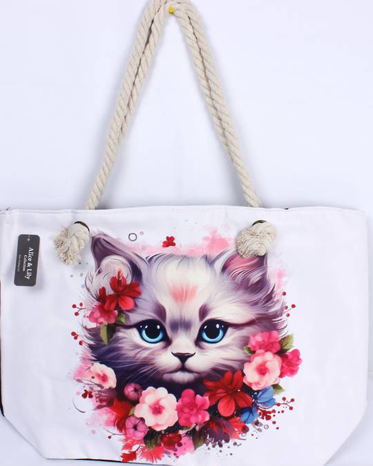 Cat design carry bag (55cm x 35cm high) with solid base, rope handles & zip top. Style: AL/5120.